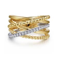 Lady's White/Yellow 14 Karat Bujukan Collection, Ball Criss Cross Fashion Ring Size 6.5 With = 0.24Tw Round G/H Si2 Diamonds