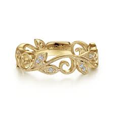 Lady's Yellow 14 Karat Stackable Collection, Scrolling Floral Fashion Ring Size 6.5 With = 0.09Tw Round G/H Si2 Diamonds