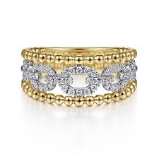 Lady's Tt 14 Karat Bujukan Collection, Pave' Link And Bead Fashion Ring Size 6.5 With = 0.36Tw Round G/H Si2 Diamonds