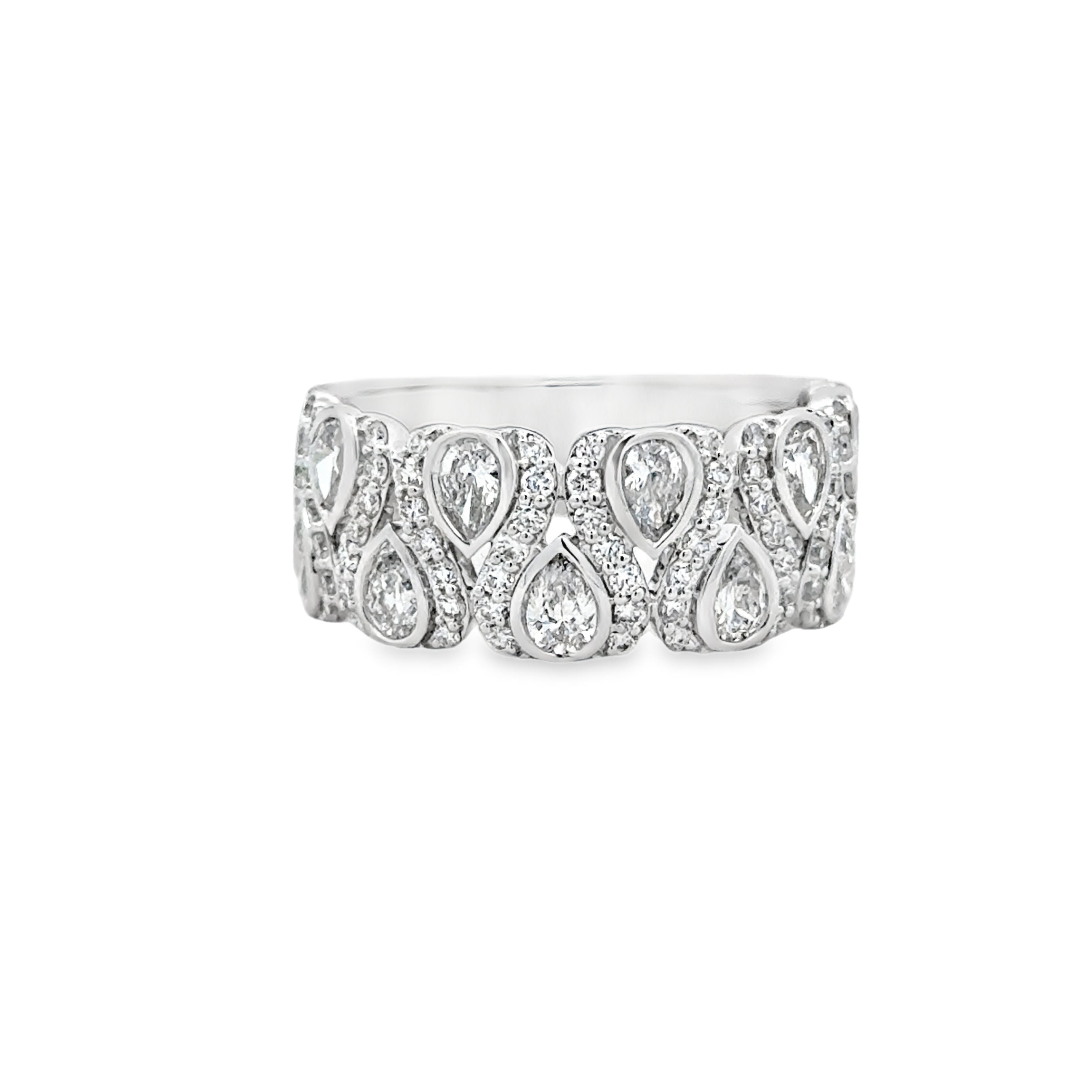 Lady's White 14 Karat Bezel Teardrops Fashion Ring Size 7 With 10 = 0.98Tw Pear G/H Si1 Diamonds And = 0.49Tw Round G/H Si1 Diamonds