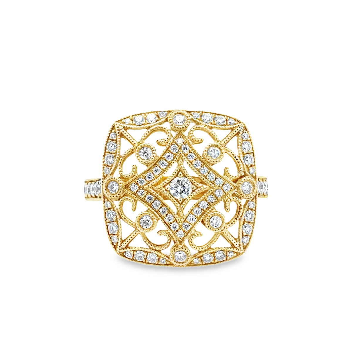 Lady's Yellow 18 Karat Cushion Top Vintage Style Ring Fashion Ring Size 6.5 With 81 = 0.55Tw Round G/H Si1 Diamonds