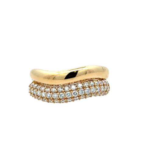 Lady's Yellow 14 Karat Wavy Pave' Double Stack Fashion Ring = 0.71tw Round G/H SI1 Diamonds