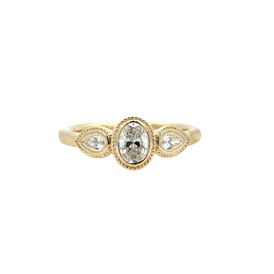 Lady's Yellow 14 Karat Three Stone Bezel With Milgrain Detail Fashion Ring 3 = 0.60tw Various Shapes G/H SI1 Diamonds