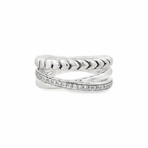 Lady's White Sterling Silver Wide, Double Row Crossover Fashion Ring = 0.20tw Round H/I I1 Diamonds