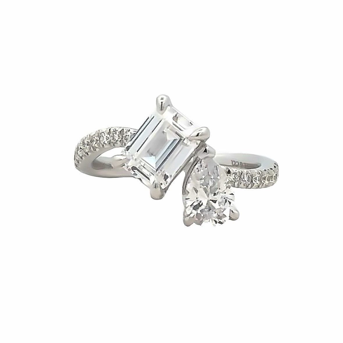 White 14 Karat Modern Two Stone, With Prong Set Sides Ring Size 6.5 With One 7.50X5.50Mm Emerald Cubic Zirconium, One 7.00X5.00Mm Pear Cubic Zirconium And 0.22 Twt Other Stones