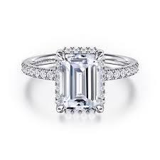 White 14 Karat Low Profile Halo With Prong Set Band Ring Size 6.5 With One 9.50X7.00Mm Emerald Cubic Zirconium And 0.46Tw Round G/H Si2 Diamonds