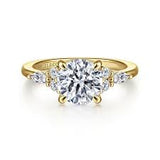 Yellow 14 Karat Pointed Cluster Ring Size 6.5 With One = 7.40Mm Round Cubic Zirconium, 2 = 0.14Tw Marquise G/H Vs2 Diamonds And 0.14 Twt Other Stones