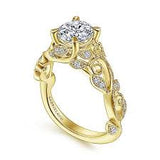 Yellow 14 Karat Floral Vine Cathedral Ring Size 6.5 With One = 6.50Mm Round Cubic Zirconium And = 0.15Tw Round G/H Si1 Diamonds