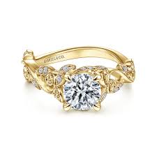 Yellow 14 Karat Floral Vine Cathedral Ring Size 6.5 With One = 6.50Mm Round Cubic Zirconium And = 0.15Tw Round G/H Si1 Diamonds