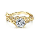 Yellow 14 Karat Floral Vine Cathedral Ring Size 6.5 With One = 6.50Mm Round Cubic Zirconium And = 0.15Tw Round G/H Si1 Diamonds