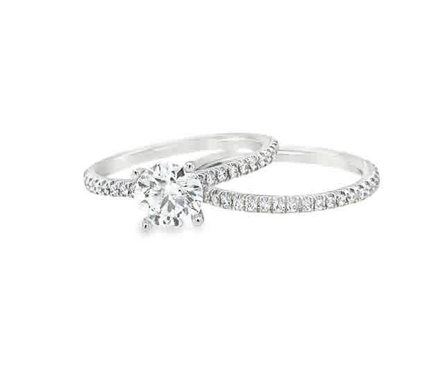 White 18 Karat Small Micro Pave' Eternity Wedding Set To Hold 1Ct Center Stone Ring With One 1.00Ct Round Cubic Zirconium And 84=0.52Tw Round G/H Si1 Diamonds