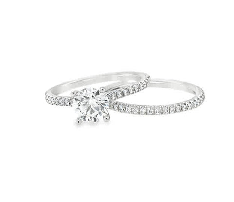 White 18 Karat Small Micro Pave' Eternity Wedding Set To Hold 1Ct Center Stone Ring With One 1.00Ct Round Cubic Zirconium And 84=0.52Tw Round G/H Si1 Diamonds