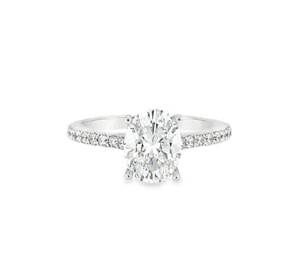 White 14 Karat Brookside Custom Cathedral With Low Profile Halo To Hold 9X7mm Oval Ring Size 6.5 With One = 9.00X7.00Mm Oval Cubic Zirconium And 42 = 0.48Tw Round G/H Si1 Diamonds