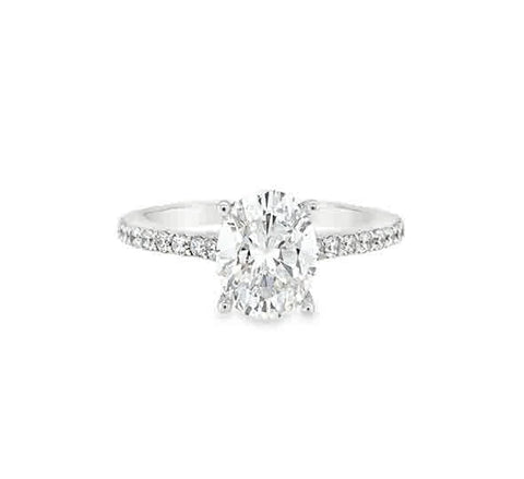 White 14 Karat Brookside Custom Cathedral With Low Profile Halo To Hold 9X7mm Oval Ring Size 6.5 With One = 9.00X7.00Mm Oval Cubic Zirconium And 42 = 0.48Tw Round G/H Si1 Diamonds