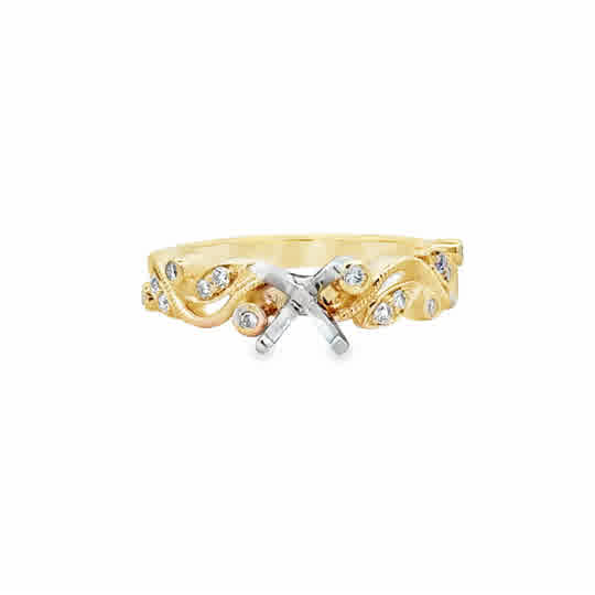 Yellow 14 Karat Floral Semi Mount Ring With 0.14Tw Round G/H Si1 Diamonds