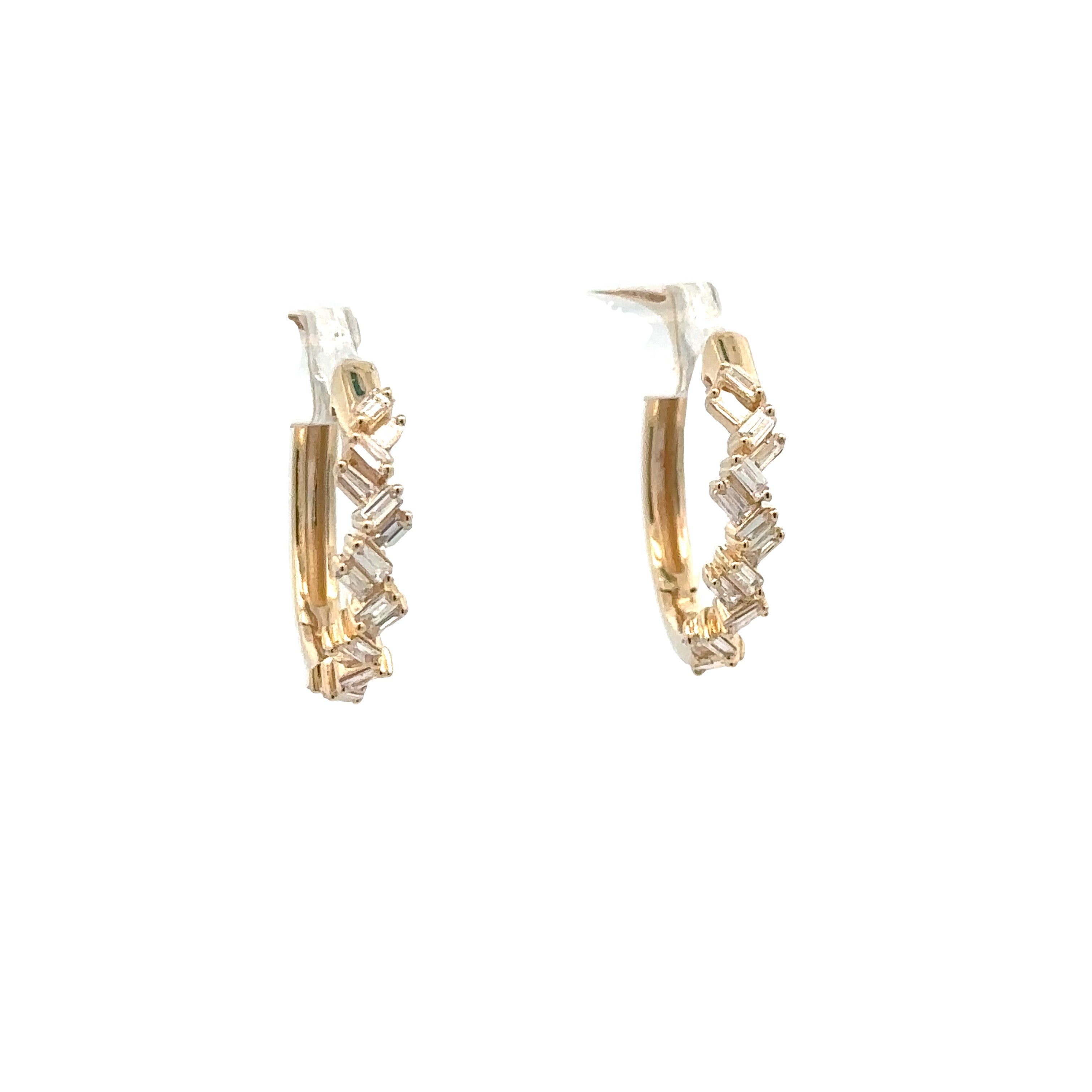 Lady's Yellow 14 Karat Scattered Hoops Earrings 32=0.26tw Baguette G/H VS2 Diamonds