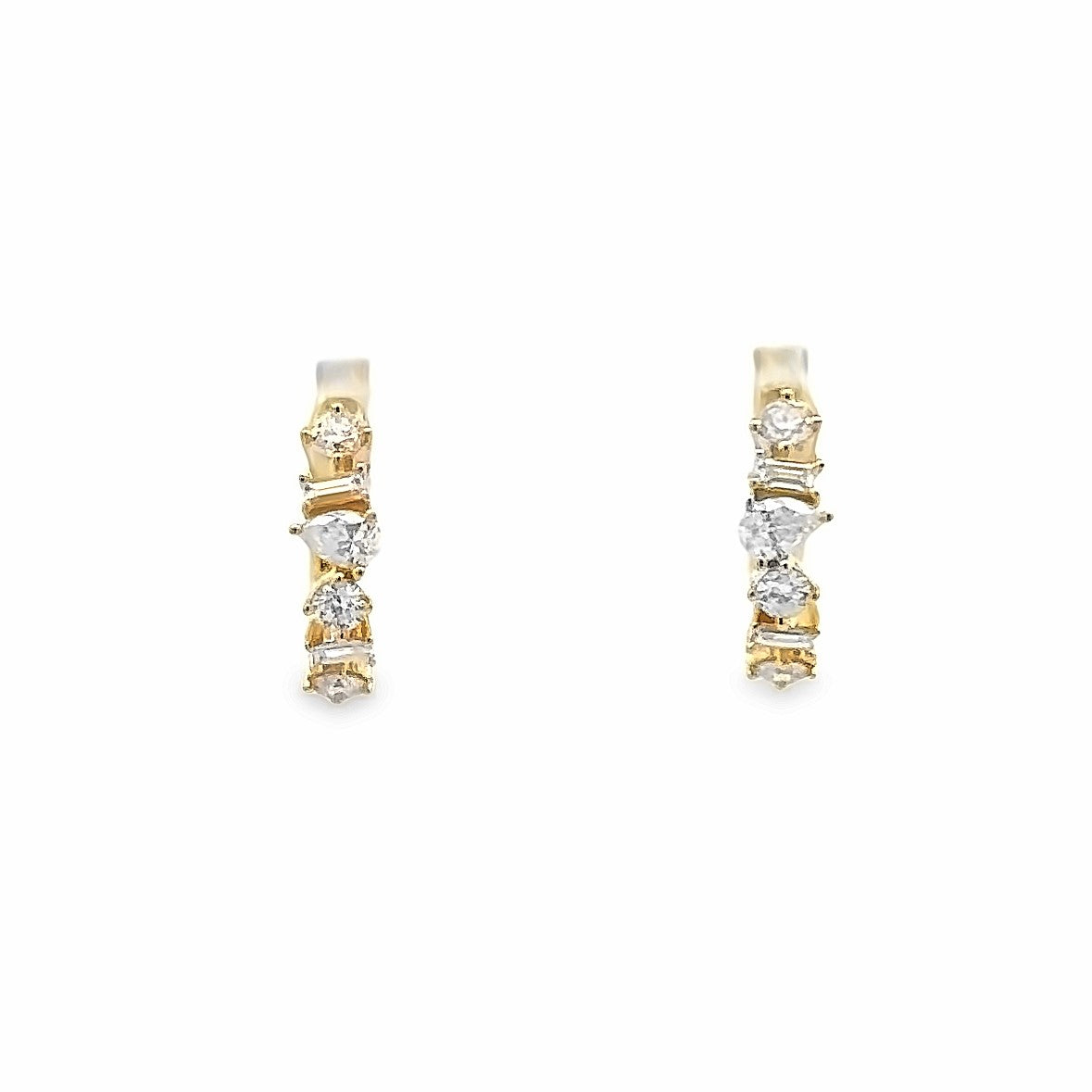 Lady's Yellow 14 Karat Mixed Shape Huggie Earrings 2=0.09tw Pear G/H SI1 Diamonds
6=0.20tw Round G/H SI1 Diamonds
4=0.05tw Baguette G/H SI1 Diamonds