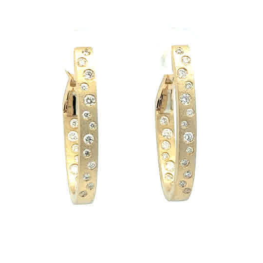Lady's Yellow 14 Karat Satin 27X16mm Oval, Flush Set Hoops Earrings With 0.59Tw Round G/H Si1 Diamonds