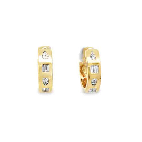 Lady's Yellow 14 Karat Hoops With Inlay Earrings With = 0.18Tw Baguette G/H Vs2 Diamonds And = 0.14Tw Round G/H Si1 Diamonds