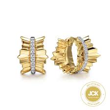 Lady's Yellow 14 Karat Tetxtured Huggie Earrings With = 0.31Tw Round G/H Si2 Diamonds