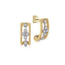 Lady's Tt 14 Karat Lined, "J" Shape Hoop Earrings With = 0.25Tw Round G/H Si2 Diamonds