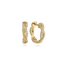 Lady's Yellow 14 Karat Twisted 14Mm Huggie Hoop Earrings = 0.16tw Round G/H SI2 Diamonds