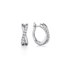 Lady's White 14 Karat Contemporary Collection, Twisted 15Mm Huggie Hoop Earrings With = 0.21Tw Round G/H Si2 Diamonds