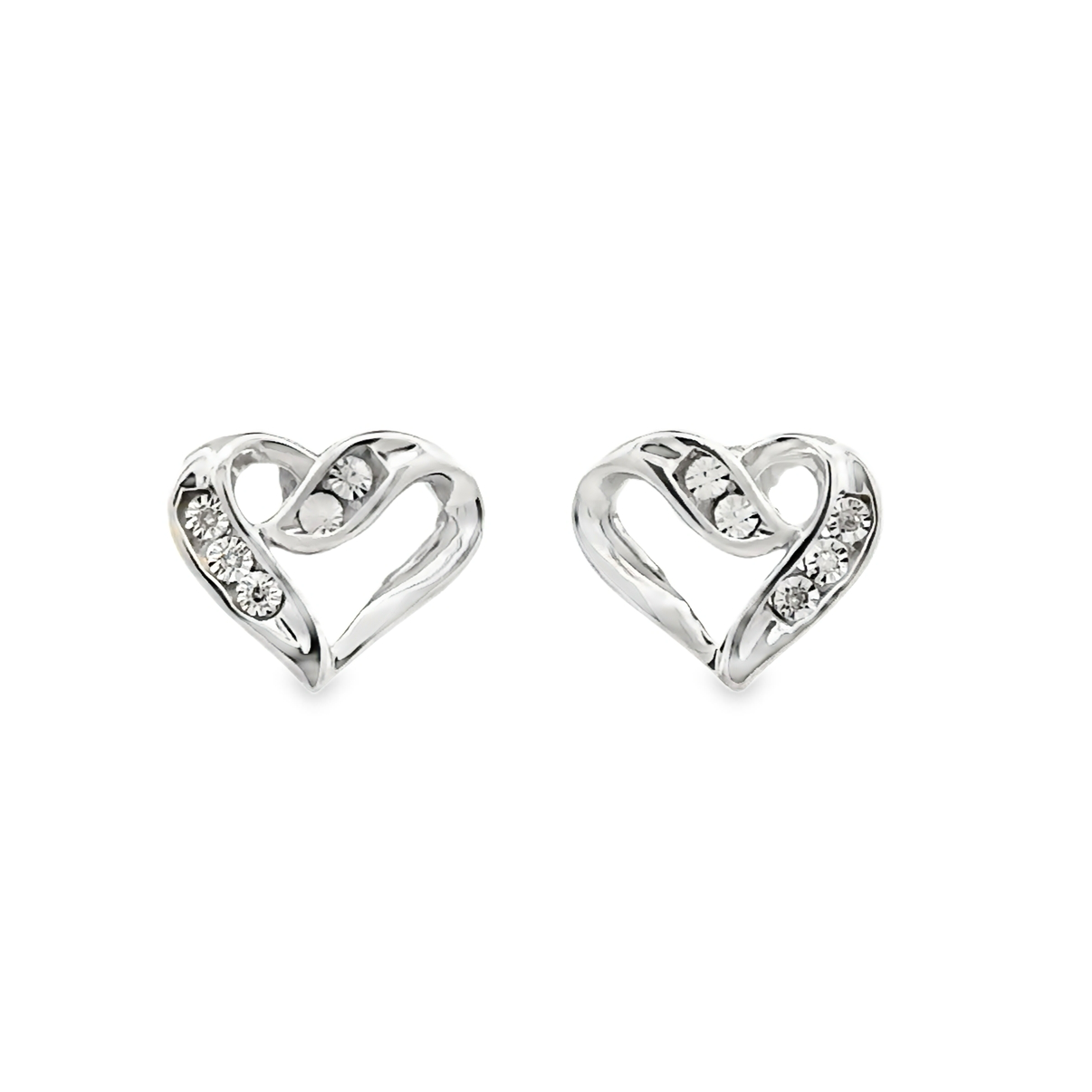 Lady's White Sterling Silver Heart Earrings = 0.02tw Round H/I I1 Diamonds