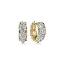 Lady's White/Yellow 14 Karat Huggie Pave' Hoop Earrings With 0.57Tw Round G/H Si2 Diamonds