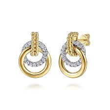 Lady's White/Yellow 14 Karat Beaded With Interlocked Circles Earrings 0.49tw Round H/I SI2 Diamonds