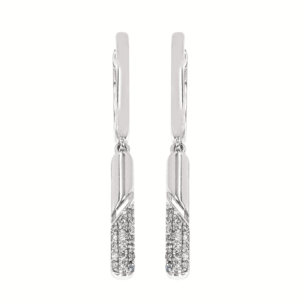 Lady's White Sterling Silver Pave' Bar Dangle Earrings With = 0.16Tw Round G/H Si2 Diamonds