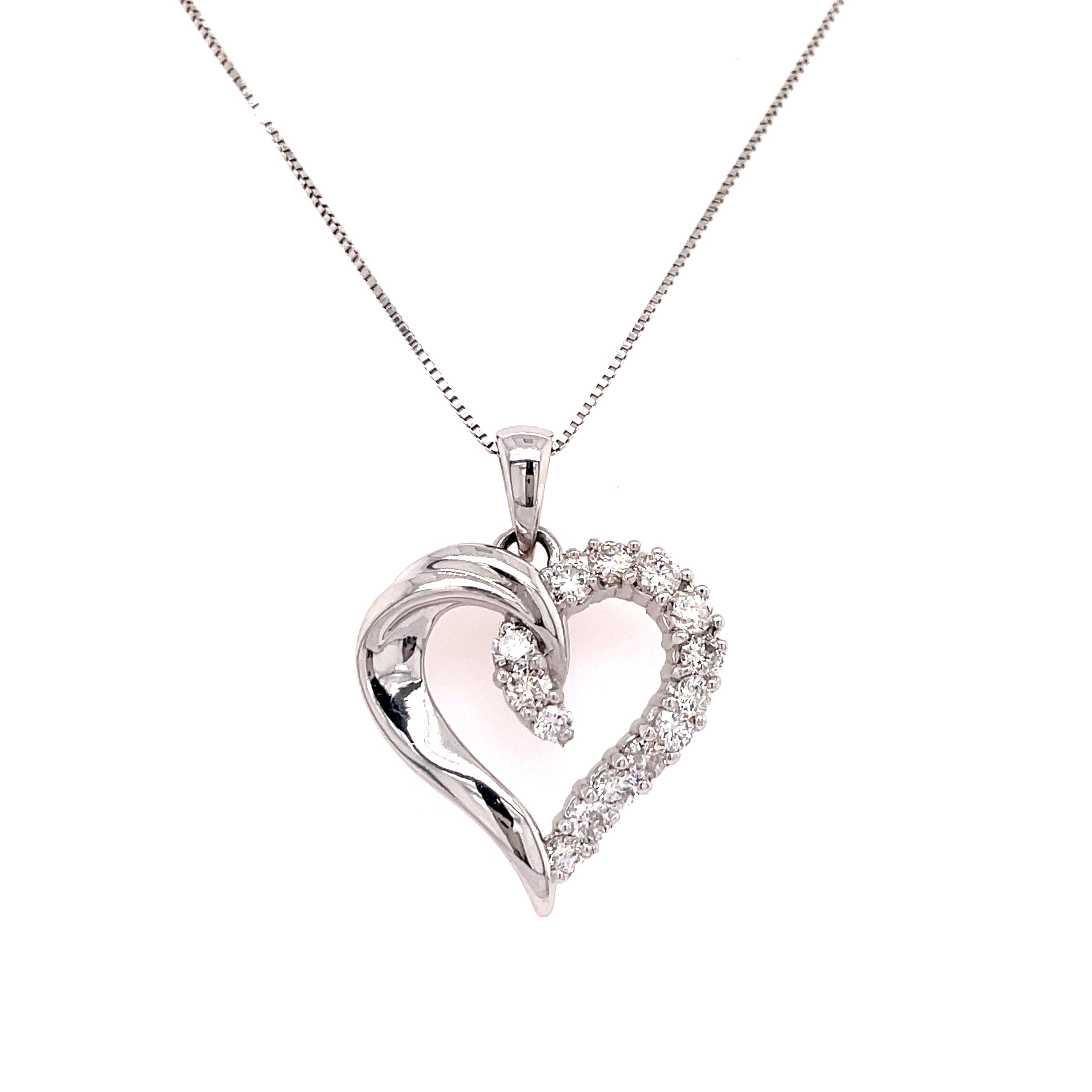 Lady's White 14 Karat Heart Pendant Length 18 With 14=0.45Tw Round G/H I1 Diamonds