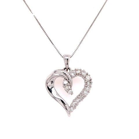 Lady's White 14 Karat Heart Pendant Length 18 With 14=0.45Tw Round G/H I1 Diamonds