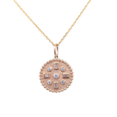 Yellow 14 Karat Bezel Set Medallion Pendant With = 0.10Tw Baguette G/H Vs2 Diamonds And = 0.13Tw Round G/H Si1 Diamonds