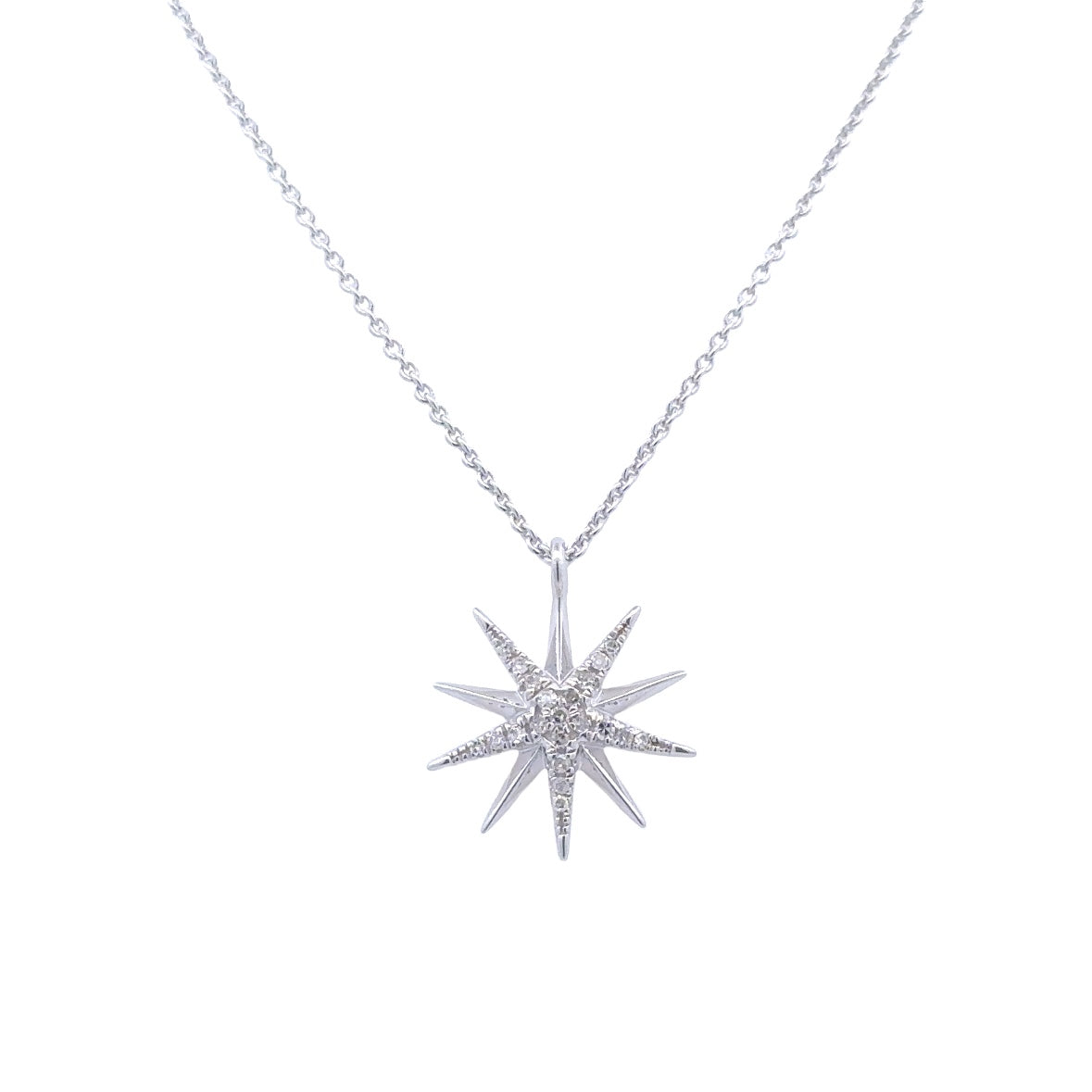 Lady's White Sterling Silver Starburst Pendant With 21=0.10Tw Round H/I Si2 Diamonds Style: Link
Metal: Sterling Silver
Color: White
Finish: Polished
