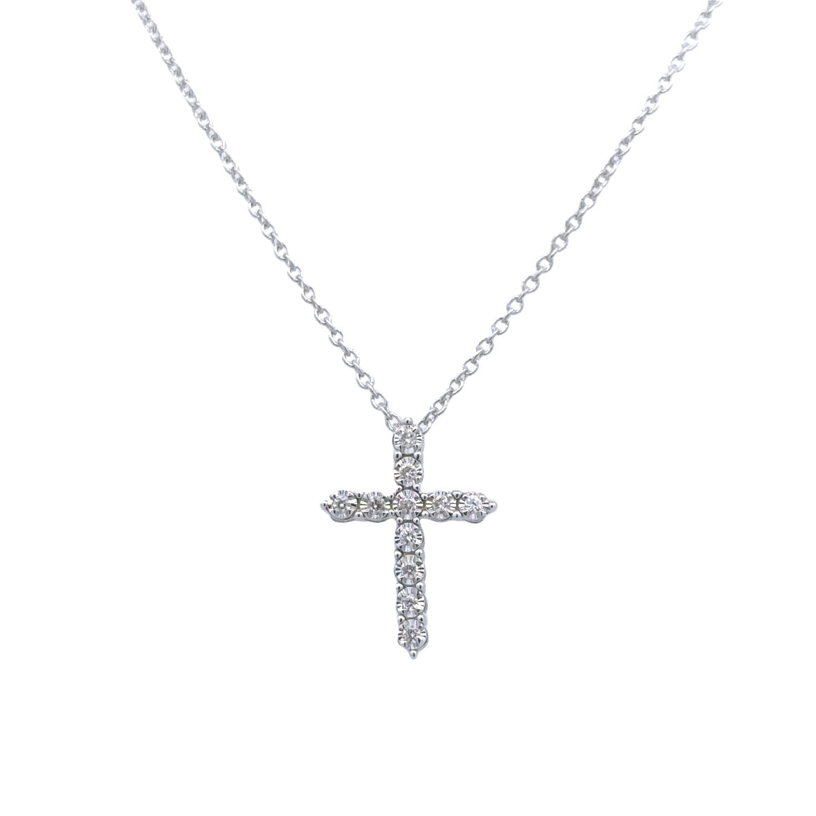 Lady's White Sterling Silver Prong Set Cross Pendant With 11=0.10Tw Round H/I Si2 Diamonds 

Style: Link
Metal: Sterling Silver
Color: White
Finish: Polished