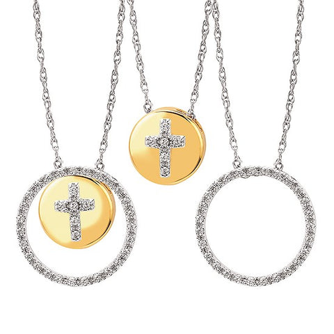 Lady's White/Yellow 10 Karat Circle And Cross Enhanceable Pendant With 33=0.14Tw Round G/H Si1 Diamonds