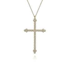 Lady's Yellow 14 Karat Large, Prong Set Cross Pendant Length 17.5 With 0.49Tw Round H/I Si2 Diamonds