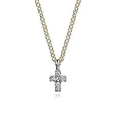 Lady's White/Yellow 14 Karat Dainty Cross Pendant Length 17.5 With 0.03Tw Round H/I Si2 Diamonds