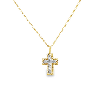 Yellow 14 Karat Cross With Rope Trim Pendant With 0.2Tw Round H/I I1 Diamonds Style: Link
Metal: 14 Karat
Color: Yellow
Finish: Polished