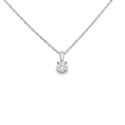 White 14 Karat Four Prong Pendant Length 18 With One 0.12Ct Round G/H Si1 Diamond Style: VP Rope
Metal: 14 Karat
Color: White
Finish: Polished