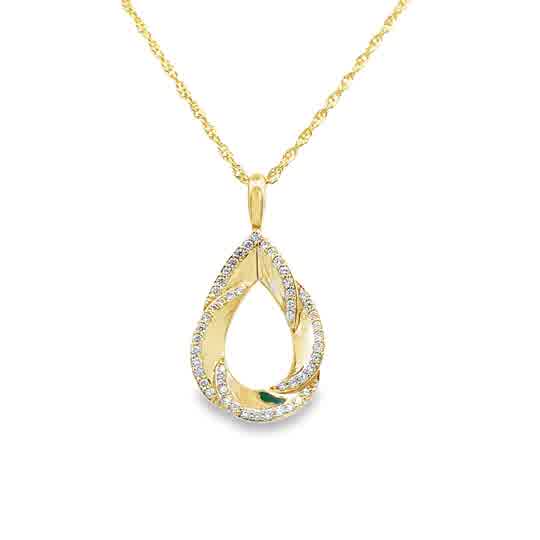 Yellow 14 Karat Twisted Teardrop Pendant Length 18 With = 0.25Tw Round G/H Si1 Diamonds