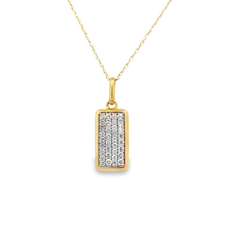 Yellow 14 Karat Dainty Pave' Bar Pendant Length 18 With 34 = 0.26Tw Round G/H Si1 Diamonds Style: Light Rope
Metal: 14 Karat
Color: Yellow
Finish: Polished