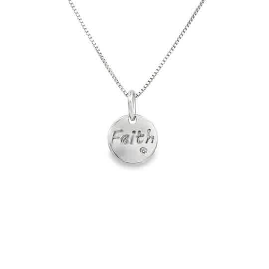 White Sterling Silver Faith Pendant Length 18 With One = 0.01Ct Round G/H Si1 Diamond Style: Box
Metal: Sterling Silver
Color: White
Finish: Polished