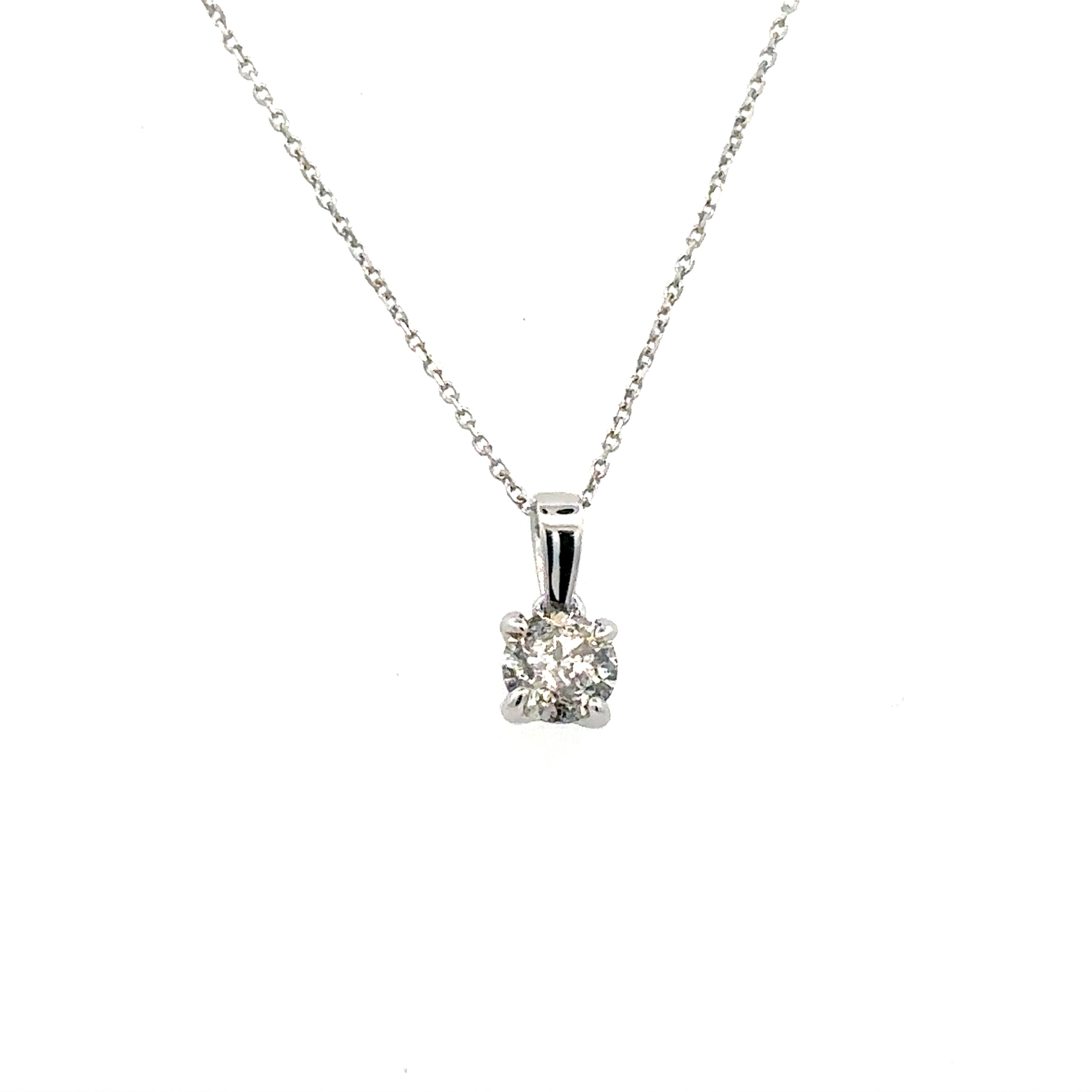 White 14 Karat Solitaire Style Pendant  Length 18 one = 0.33ct Round J/K I2 Diamond Regularly $1,099, Valentine's Special $649 While Supplies Last. Cannot be combined with any other offer or discount.