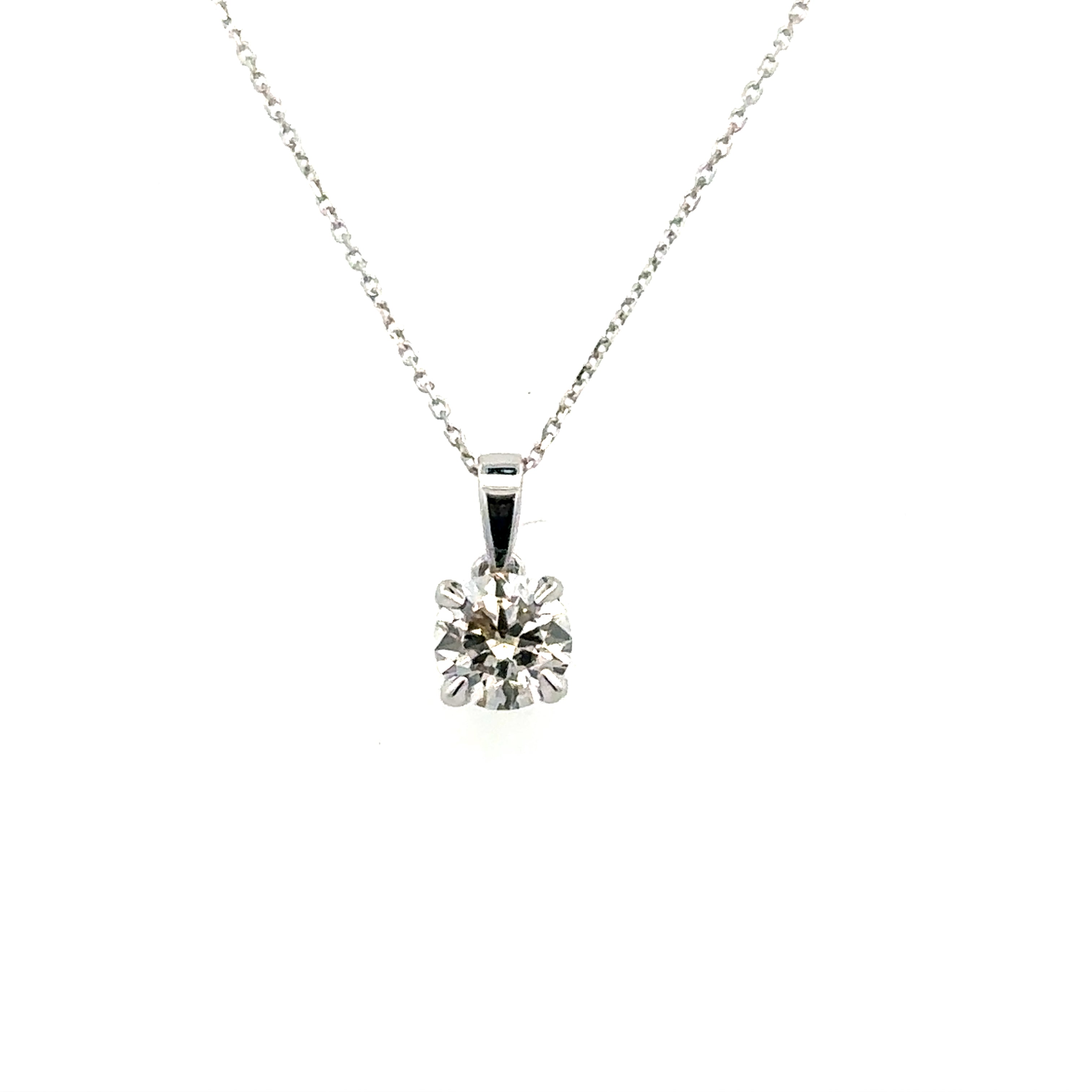 White 14 Karat Solitaire Style Pendant  Length 18 With One = 0.50Ct Round J/K I2 Diamond Regularly $1,799, Valentine's Special $899 While Supplies Last. Cannot be combined with any other offer or discount.