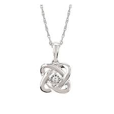 White Sterling Silver Love Knot Pendant Length 18 With One = 0.02Ct Round Diamond 

Style: Rope
Metal: Sterling Silver
Color: White
Finish: Polished