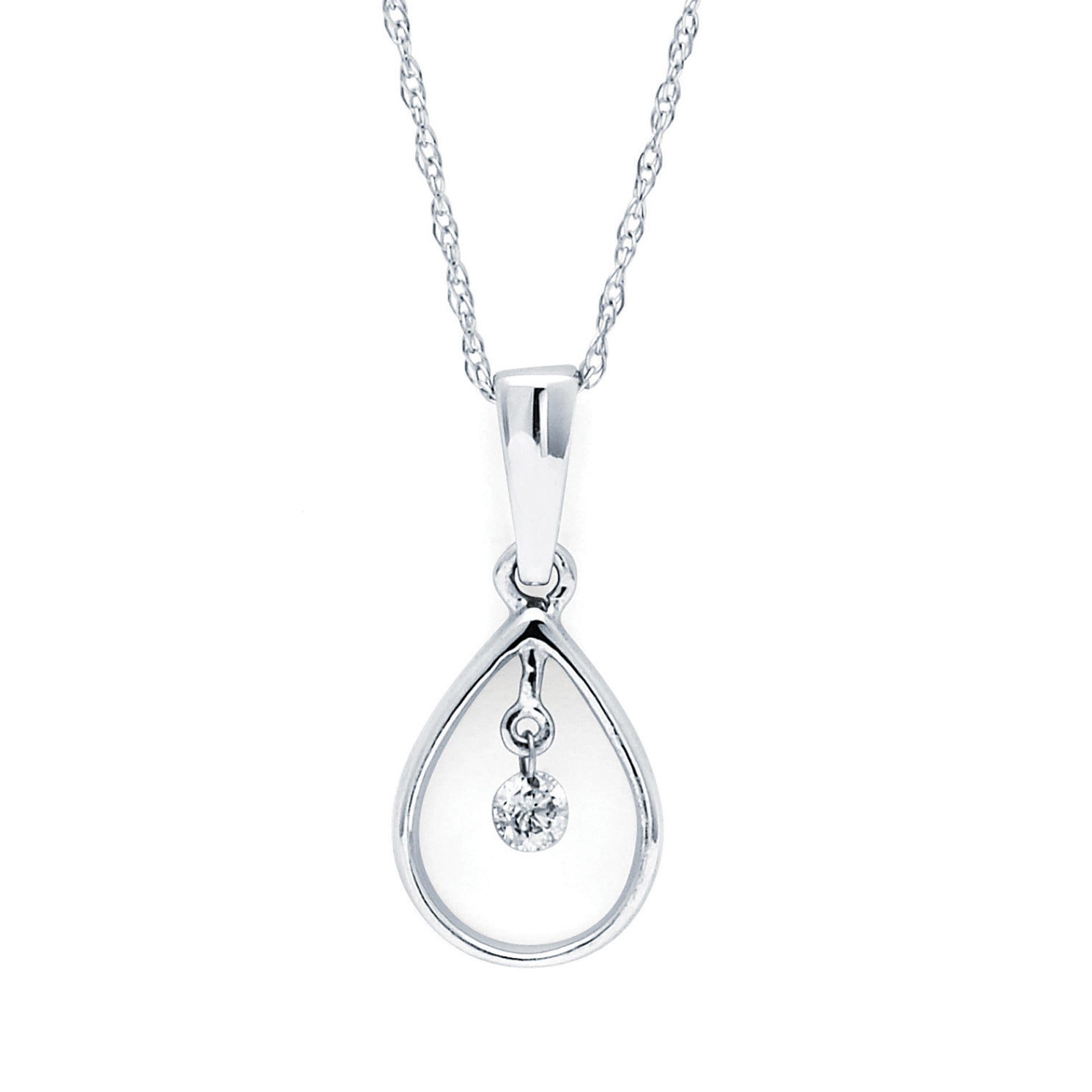 White 14 Karat Teardrop With Shimmering Pendant Length 18 With One = 0.07Ct Round Diamond 

Style: Light Rope
Metal: 14 Karat
Color: White
Finish: Polished