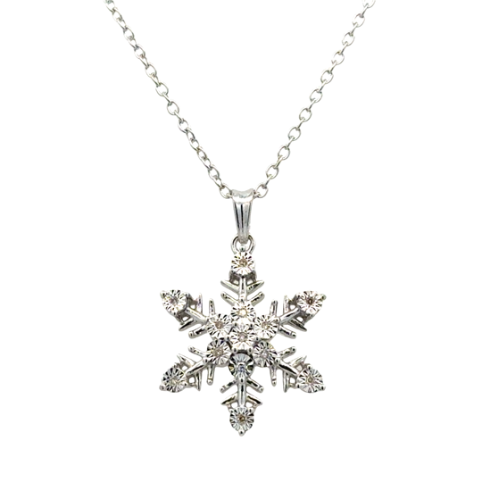 White Sterling Silver Snowflake Pendant With = 0.04Tw Round H/I I1 Diamonds Style: Cable
Metal: Sterling Slver
Color: White
Finish: Polished