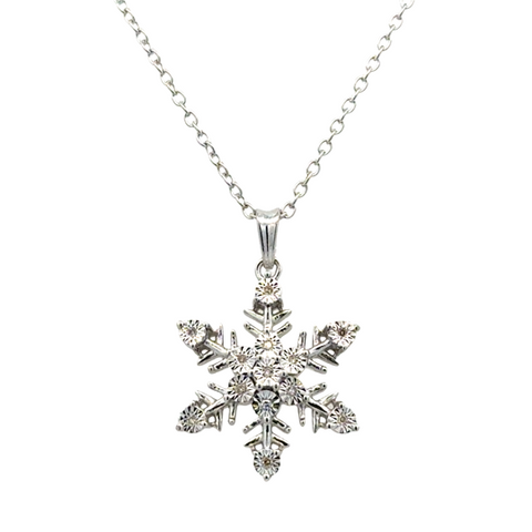 White Sterling Silver Snowflake Pendant With = 0.04Tw Round H/I I1 Diamonds Style: Cable
Metal: Sterling Slver
Color: White
Finish: Polished